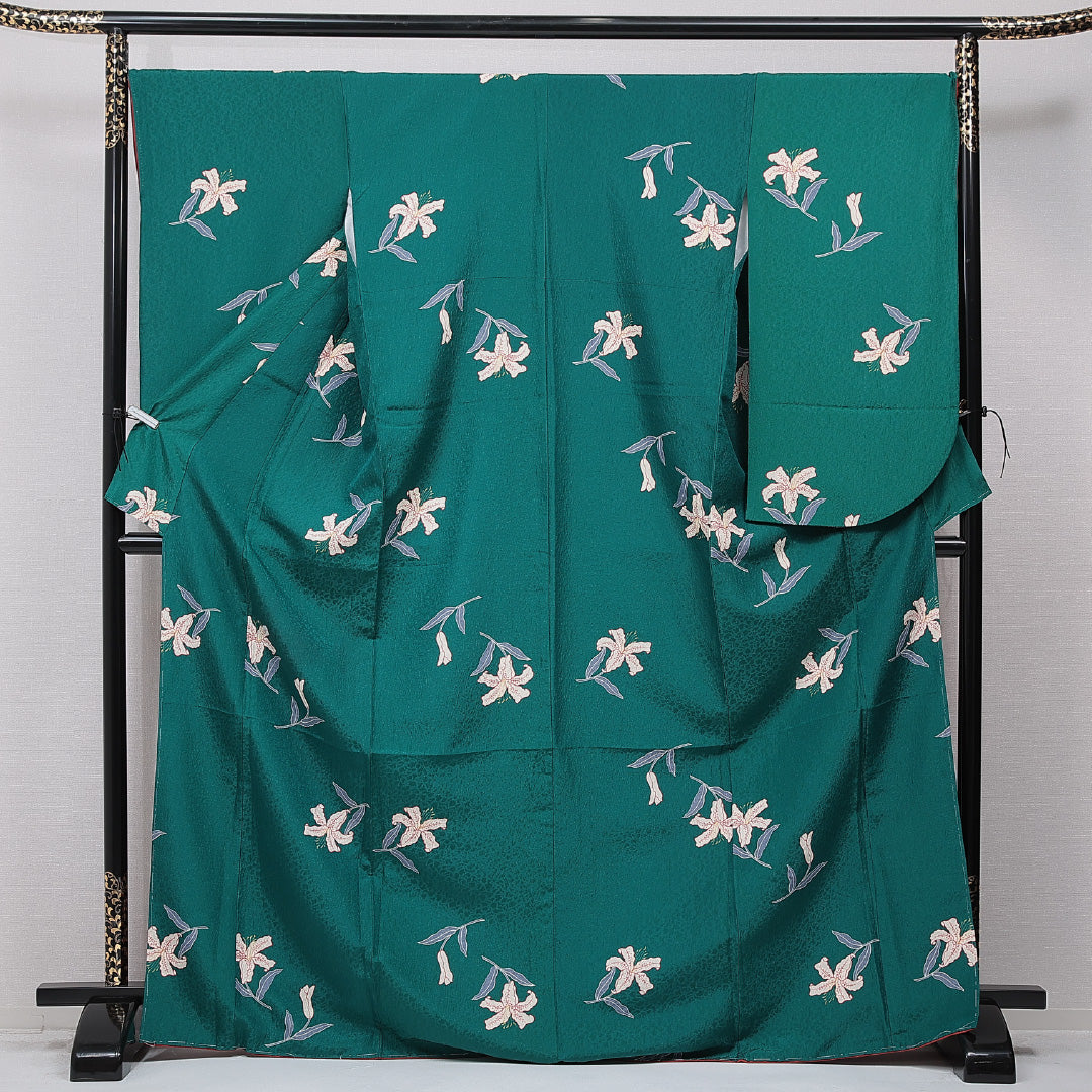 洗える着物 小振袖 袷 身丈170cm 裄丈68cm ポリエステル Sランク セミフォーマル 広衿 2XLサイズ 百合 緑系 RP 1216-07064