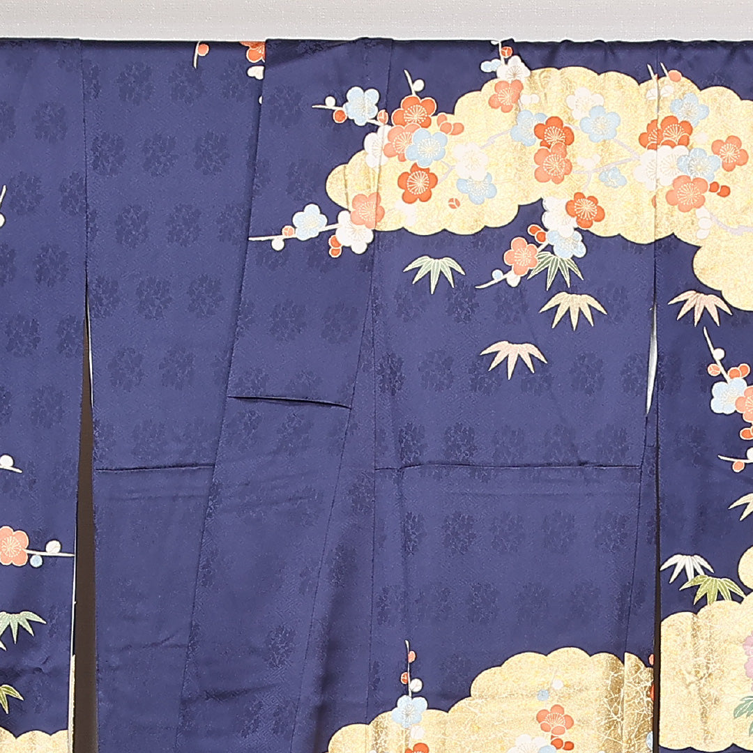 振袖 袷 身丈173cm 裄丈69cm 正絹 Sランク フォーマル 広衿 2XLサイズ 金彩 刺繍 エ霞 花柄 流水 紺系 RP 1215-06780