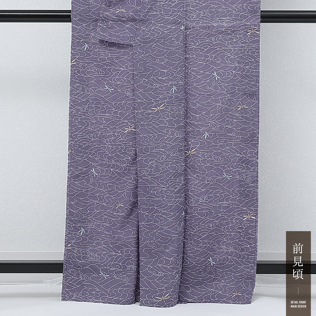 洗える着物 小紋 単衣 身丈163cm 裄丈67cm ポリエステル Aランク インフォーマル 広衿 XSサイズ 蜻蛉 光琳波 紫系 RP 1221-17269
