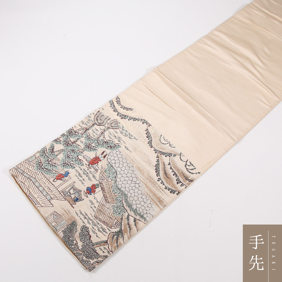 茶屋辻 袋帯 帯丈388cm 正絹 六通 錦舟 セミフォーマル 松 クリーム系 黄系 1243-02581
