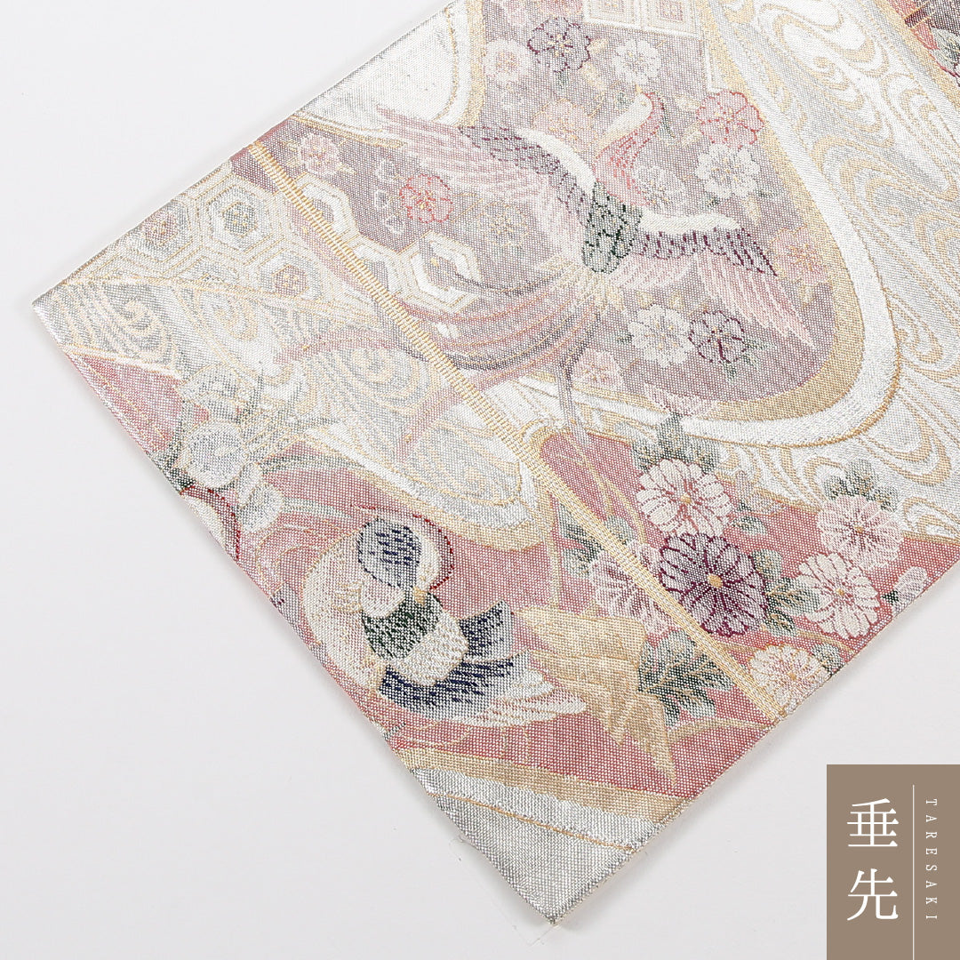 鳥 袋帯 帯丈436cm 正絹 六通 フォーマル 牡丹・菊 牡丹 クリーム系 ピンク系 1243-02572