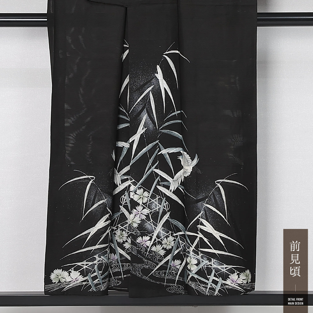 夏物 黒留袖 絽 身丈149cm 裄丈63cm 正絹 Sランク 五つ紋 (五三桐) フォーマル 広衿 XSサイズ 鳥 撫子 笹 黒系 RP 1213-06775