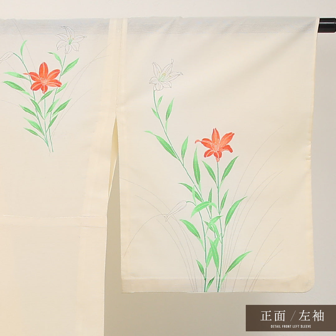 夏物 付下げ 絽 身丈156cm 裄丈66cm 正絹 Cランク インフォーマル 広衿 Lサイズ 百合 クリーム系 LP 1218-17326