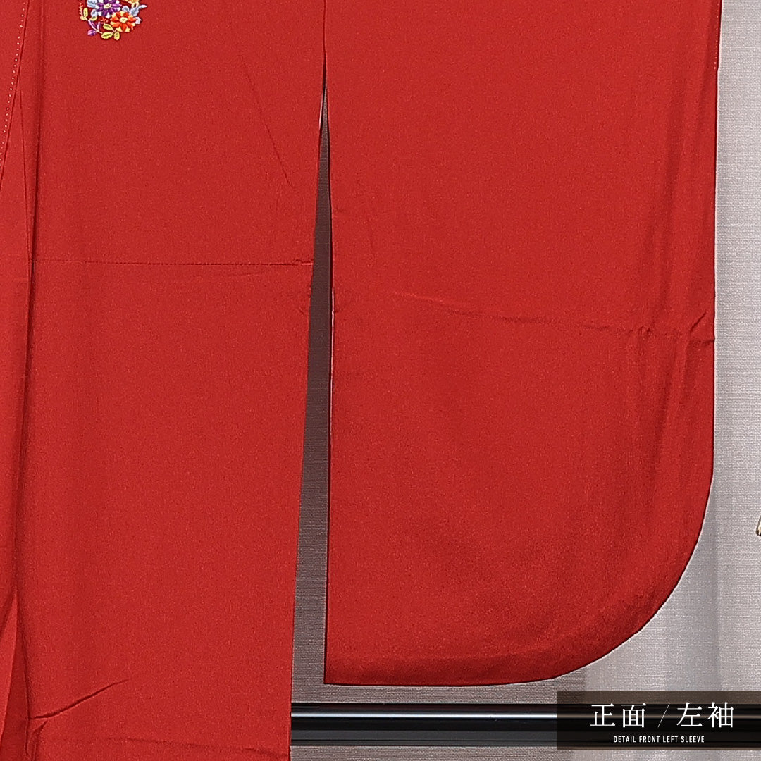 洗える着物 小振袖 袷 身丈164cm 裄丈68cm ポリエステル Sランク セミフォーマル 広衿 Lサイズ 刺繍 菊 紅葉 赤系 RP 1216-07053