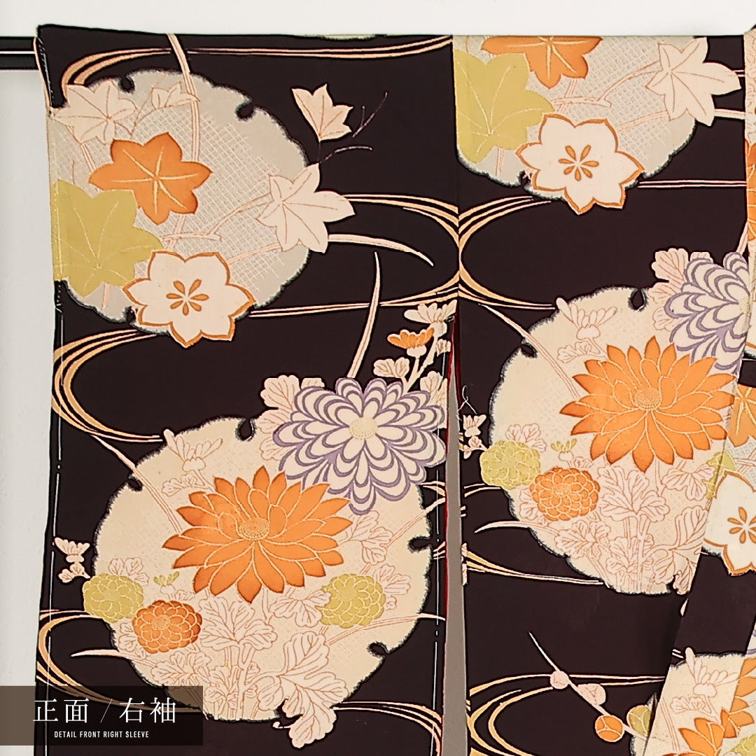 アンティーク 小振袖 袷 身丈148cm 裄丈62cm 正絹 Cランク 紋意匠 (菊) バチ衿 XSサイズ 雪輪 菊 黒系 M4 1216-17556