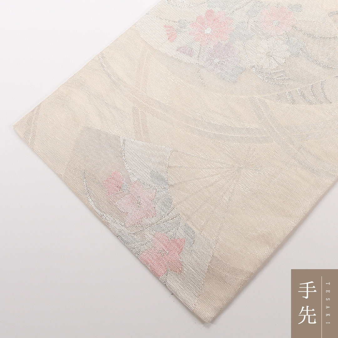 夏物 袋帯 帯丈422cm 正絹 六通 セミフォーマル 綴れ織 扇面文 菊 桔梗 クリーム系 1243-02514