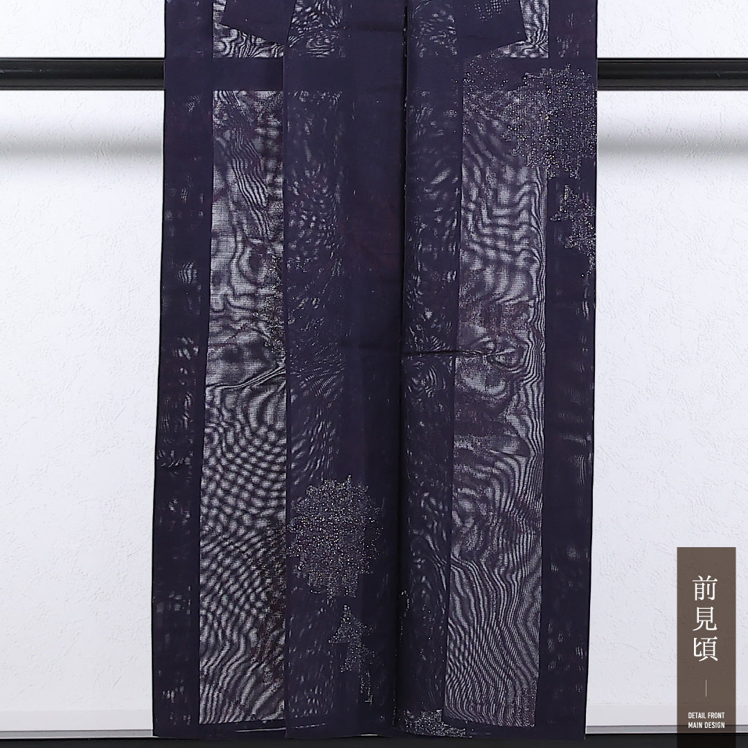 夏物 小紋 二重紗 身丈149cm 裄丈62cm 正絹 Sランク インフォーマル バチ衿 2XLサイズ 漆糸 蒲公英 紫系 M4 1221-17348