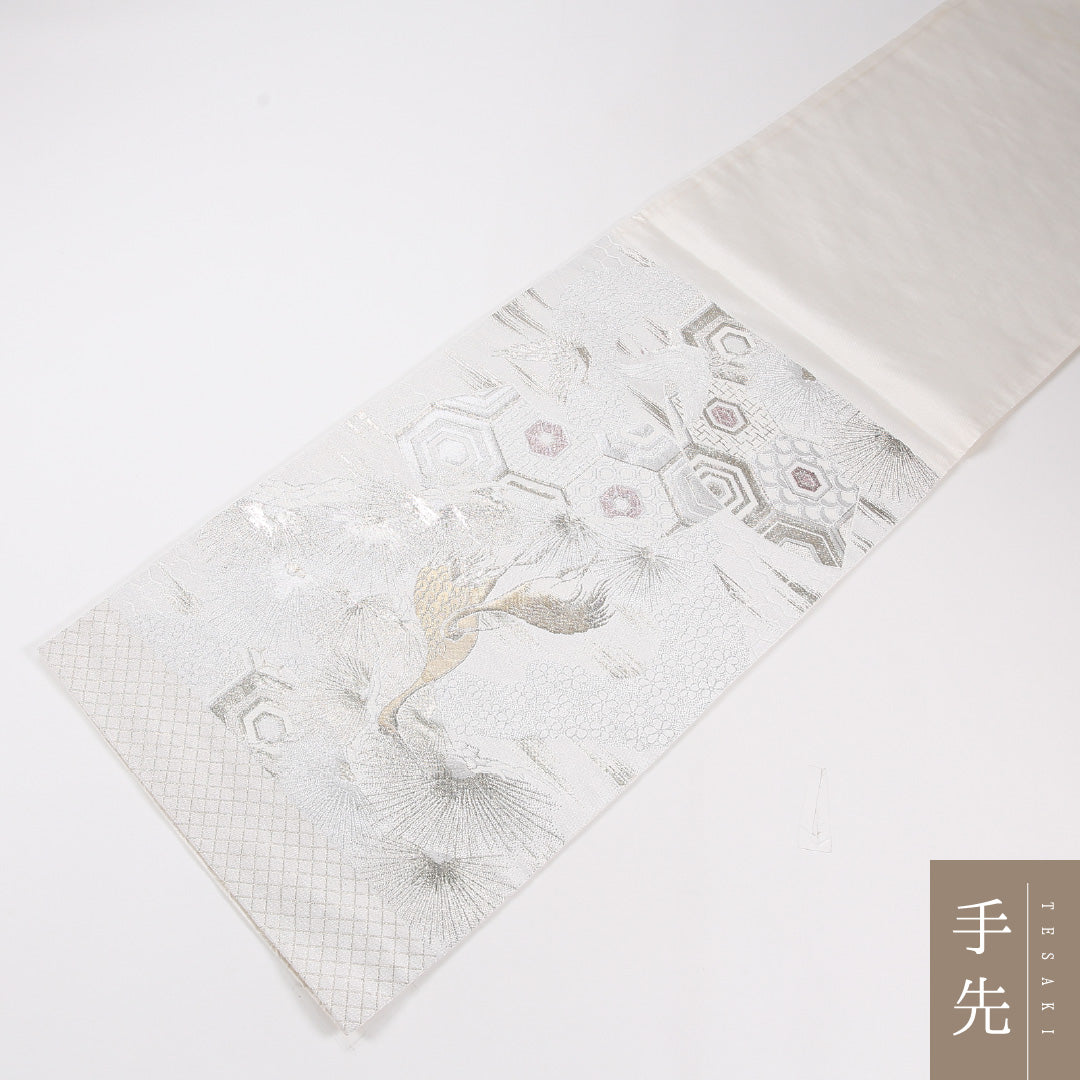 鶴 袋帯 帯丈436cm 正絹 六通 フォーマル 亀甲 クリーム系 1243-02614