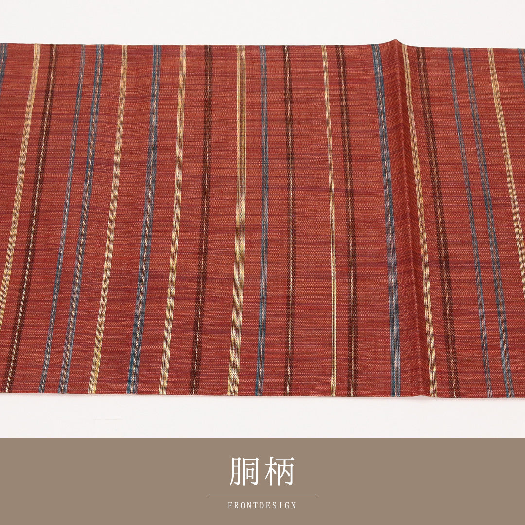夏物 袋帯（紬） 帯丈468cm 正絹 六通 カジュアル 縞 茶系 1243-02432