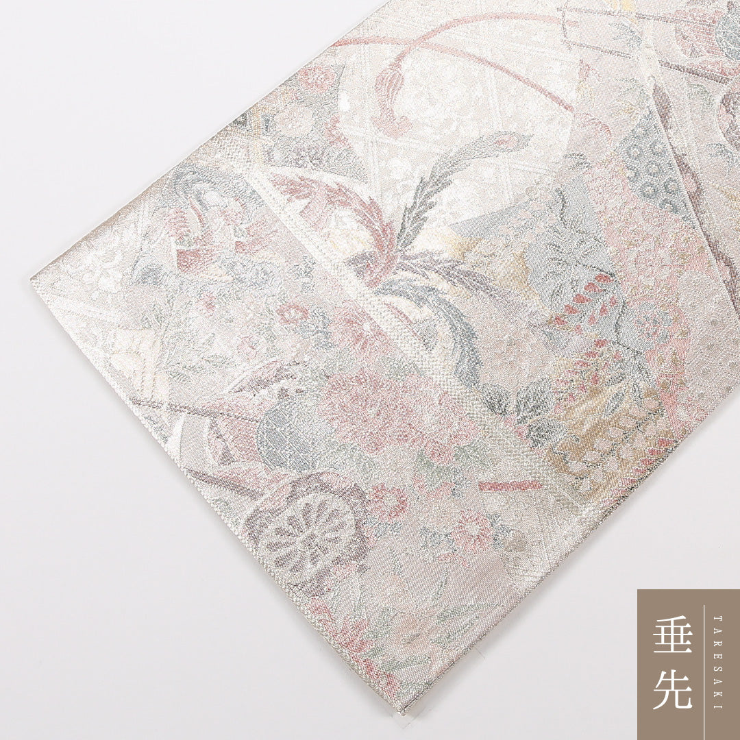 袋帯 帯丈432cm 正絹 六通 フォーマル 佐賀錦 花車 ベージュ系 1243-02552