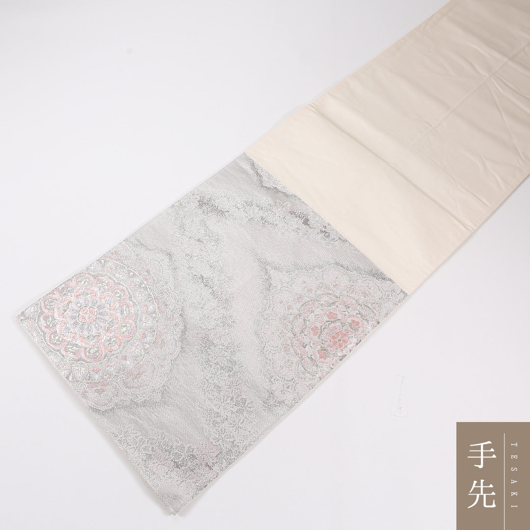 宝相華 袋帯 帯丈432cm 正絹 六通 フォーマル クリーム系 銀系 1243-02616