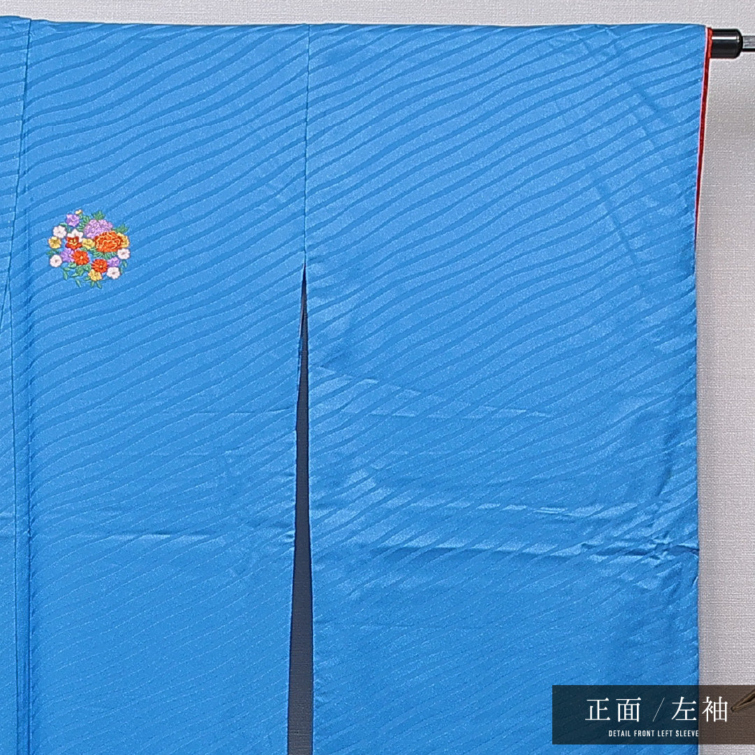 洗える着物 小振袖 袷 身丈172cm 裄丈67cm ポリエステル Sランク セミフォーマル 広衿 2XLサイズ 刺繍 牡丹 菊 青系 RP 1216-07054