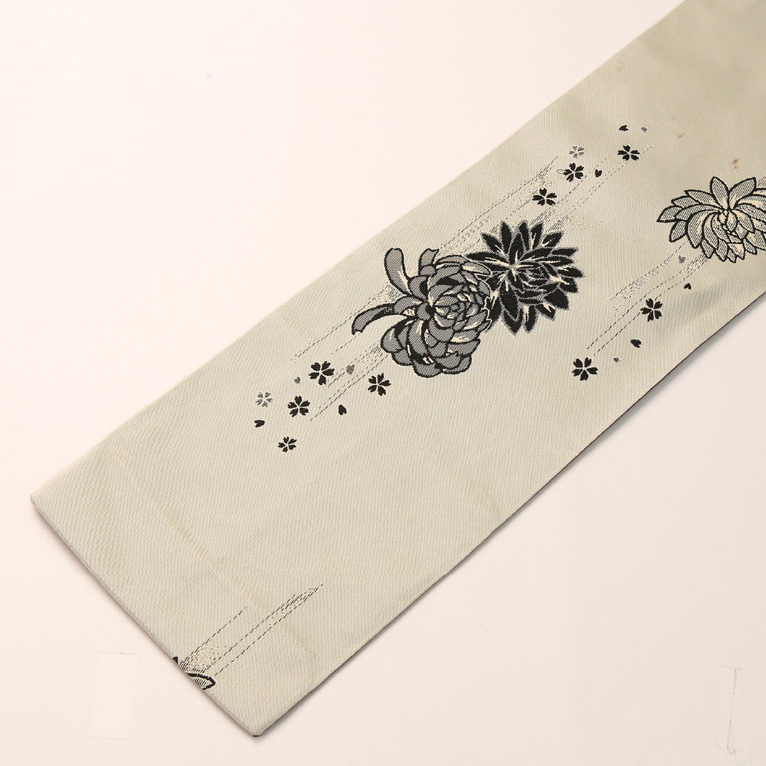 半幅帯 帯丈392cm 正絹 全通 小袋帯 カジュアル 菊 クリーム系 1247-00757