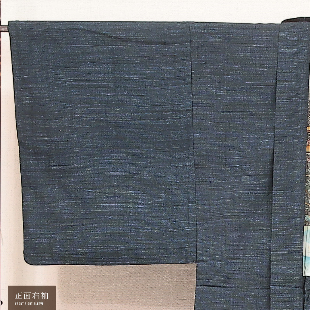 羽織 男性用 (紬) 袷 身丈89cm 裄丈70cm 正絹 Aランク カジュアル Lサイズ 無地 青系 RP 1235-17223