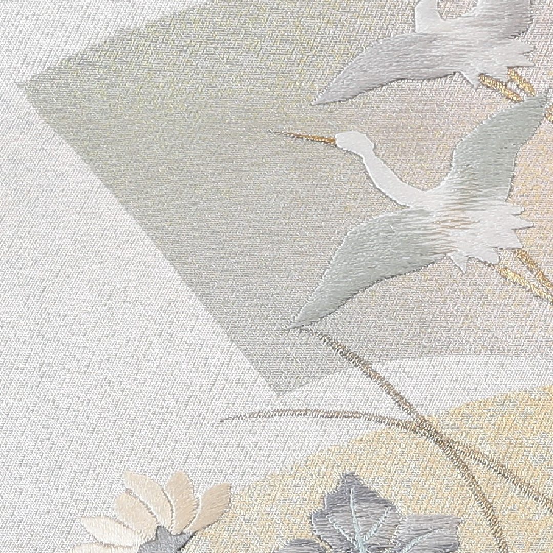 袋帯 帯丈434cm 正絹 ポイント柄 フォーマル 扇面文 鶴 牡丹 杜若 銀系 1243-00675