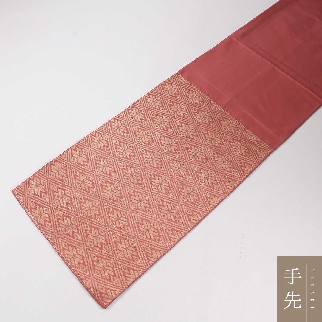 菱 袋帯 帯丈428cm 正絹 六通 セミフォーマル 朱系 金系 1243-02632