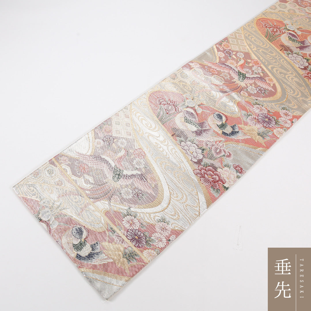 鳥 袋帯 帯丈436cm 正絹 六通 フォーマル 牡丹・菊 牡丹 クリーム系 ピンク系 1243-02572
