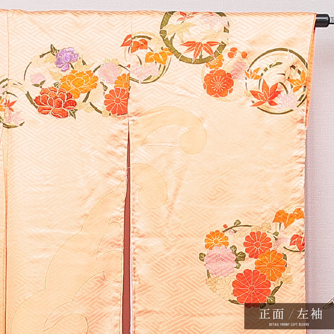 振袖 袷 身丈165cm 裄丈67cm 正絹 Cランク フォーマル 広衿 XLサイズ 光悦垣 丸文 朱系 LP 1215-07045