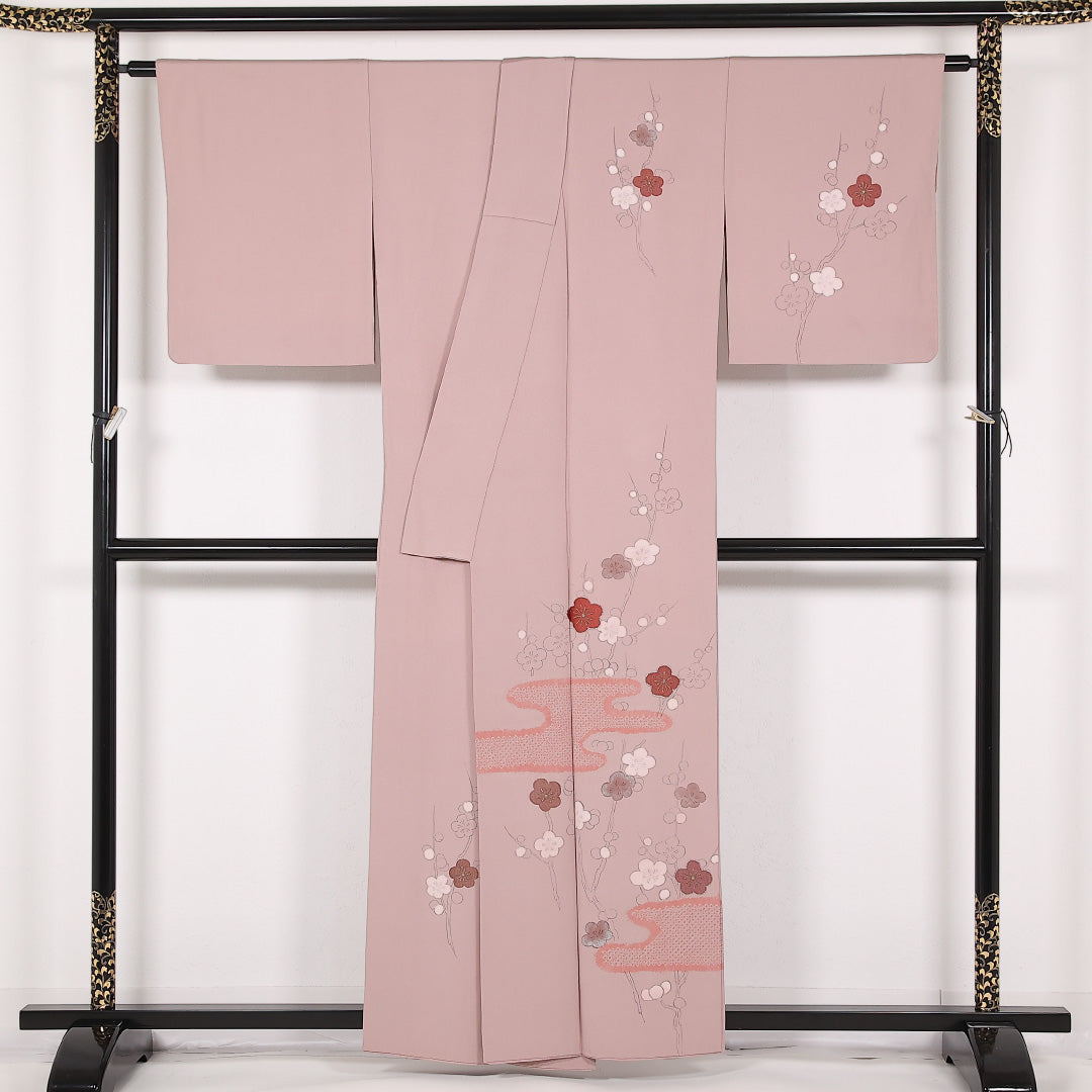 訪問着 袷 身丈157cm 裄丈66cm 正絹 Sランク セミフォーマル 広衿 Lサイズ 絞り 刺繍 金駒刺繍 梅 ピンク系 RP 1217-17528