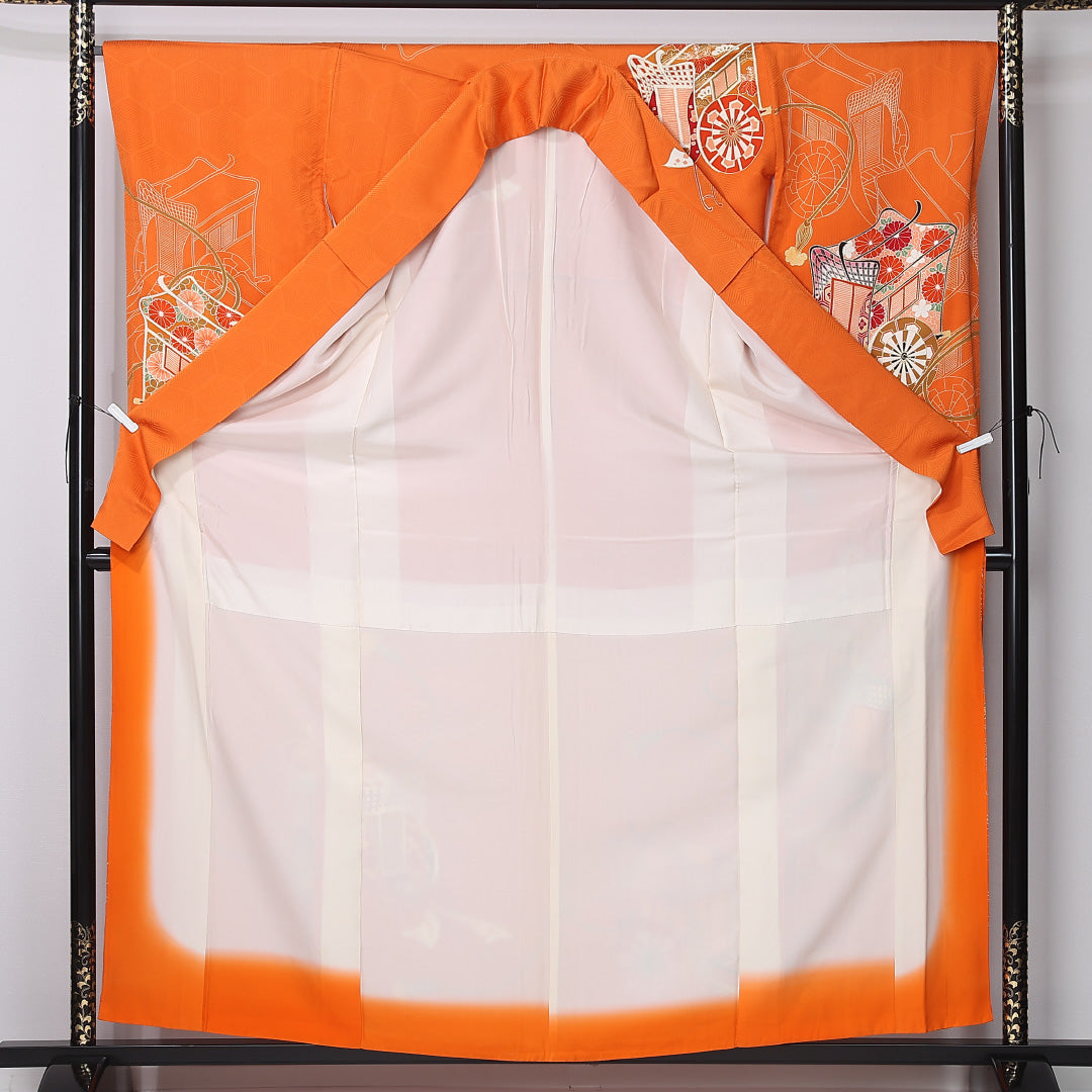 振袖 袷 身丈161cm 裄丈66cm 正絹 Sランク フォーマル 広衿 Lサイズ 御所車 朱系 RP 1215-06764