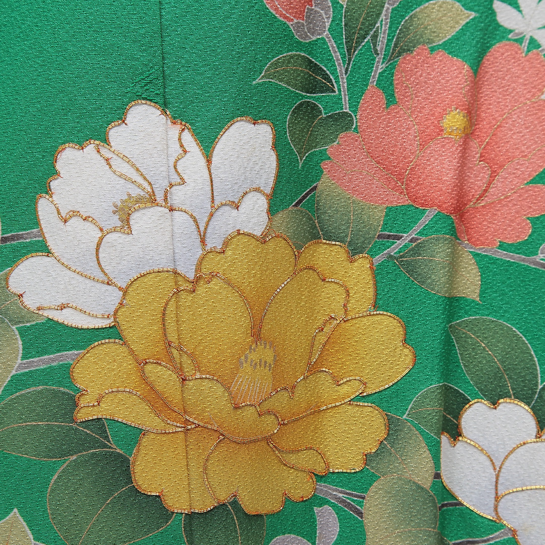 振袖 袷 身丈168cm 裄丈68cm 正絹 Sランク フォーマル 広衿 XLサイズ 金駒刺繍 椿 緑系 RP 1215-07014