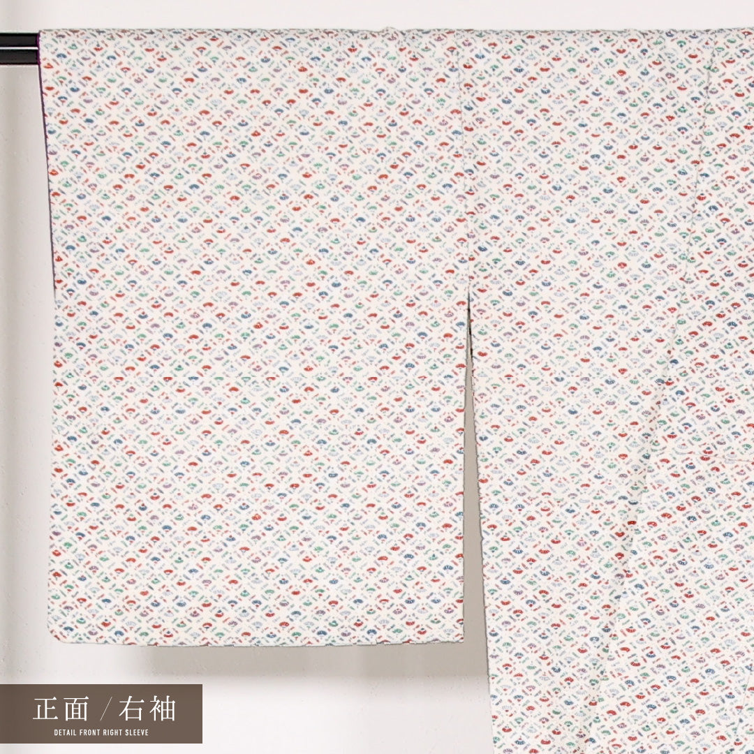 小紋 袷 身丈162cm 裄丈66cm 正絹 Sランク インフォーマル 広衿 XSサイズ 扇 白系 RP 1221-17515