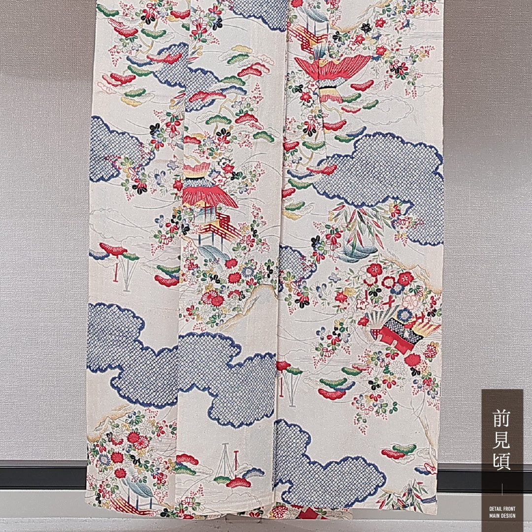 アンティーク 振袖 単衣 身丈156cm 裄丈62cm 正絹 Cランク 一つ紋 (橘) バチ衿 Mサイズ 吉祥文様 クリーム系 RP 1215-07029