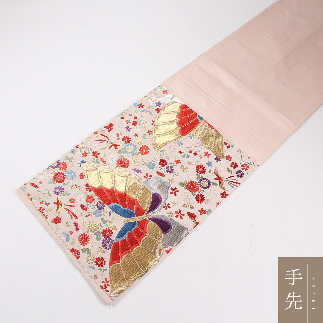 蝶 袋帯 帯丈424cm 正絹 六通 セミフォーマル 菊 クリーム系 ピンク系 1243-02612