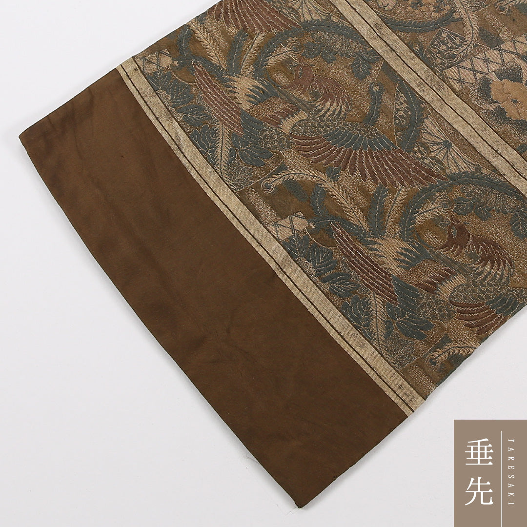 アンティーク 丸帯 帯丈392cm 正絹 全通 鶴 牡丹 茶系 1242-02563