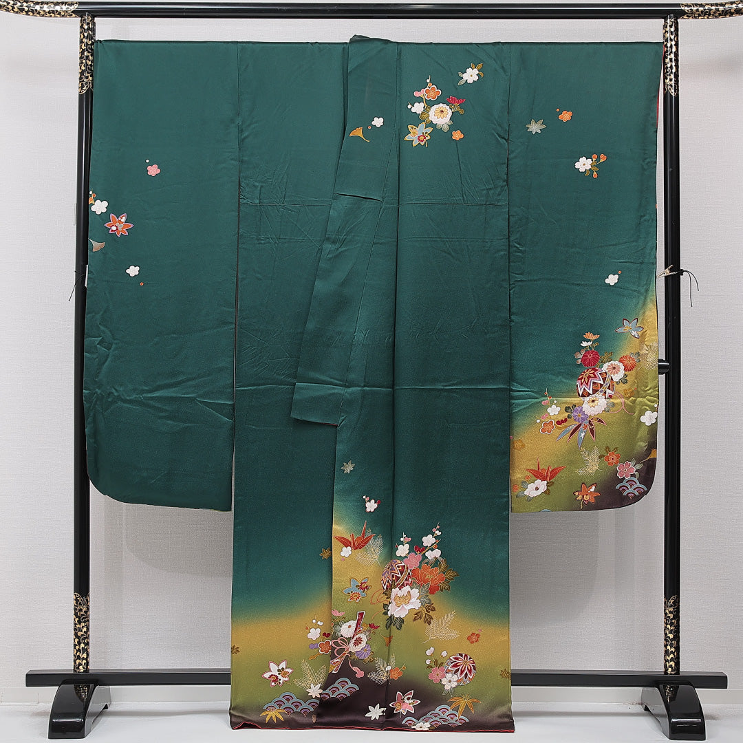 振袖 袷 身丈167cm 裄丈71cm 正絹 Aランク フォーマル 広衿 XLサイズ 毬 牡丹 緑系 RP 1215-06985