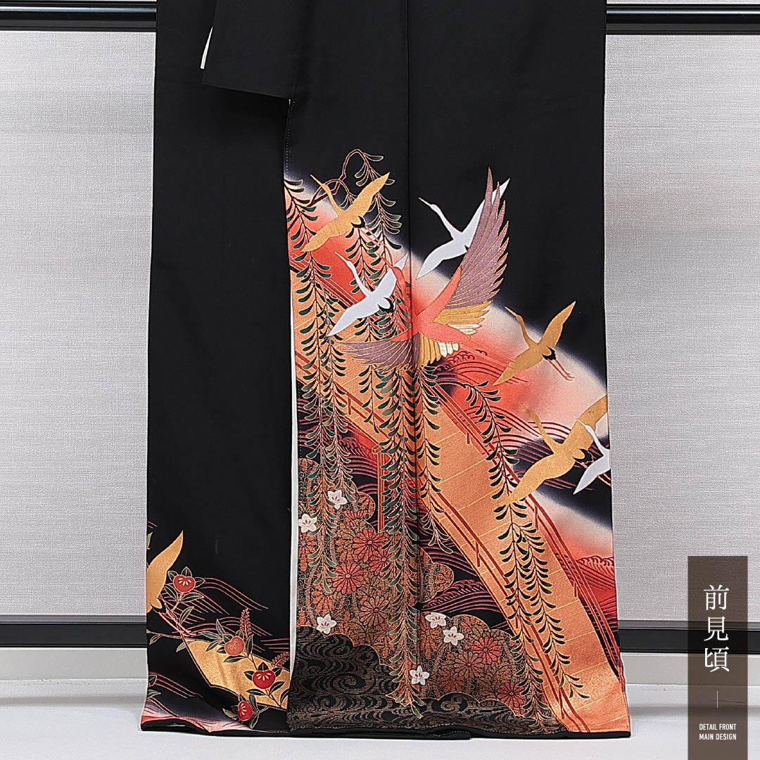 黒留袖 袷 身丈165cm 裄丈67cm 正絹 Cランク 五つ紋 (五三桐) フォーマル 広衿 XLサイズ 刺繍 比翼 鶴 黒系 LP 1213-07026