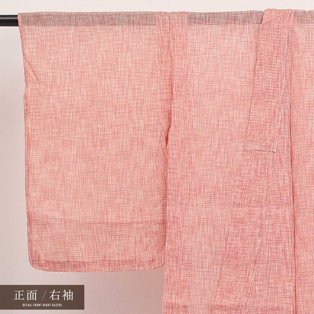 夏物 洗える着物 麻の紬 身丈158cm 裄丈62cm 麻 Cランク カジュアル バチ衿 Mサイズ 抽象柄 ピンク系 RP 1223-17299
