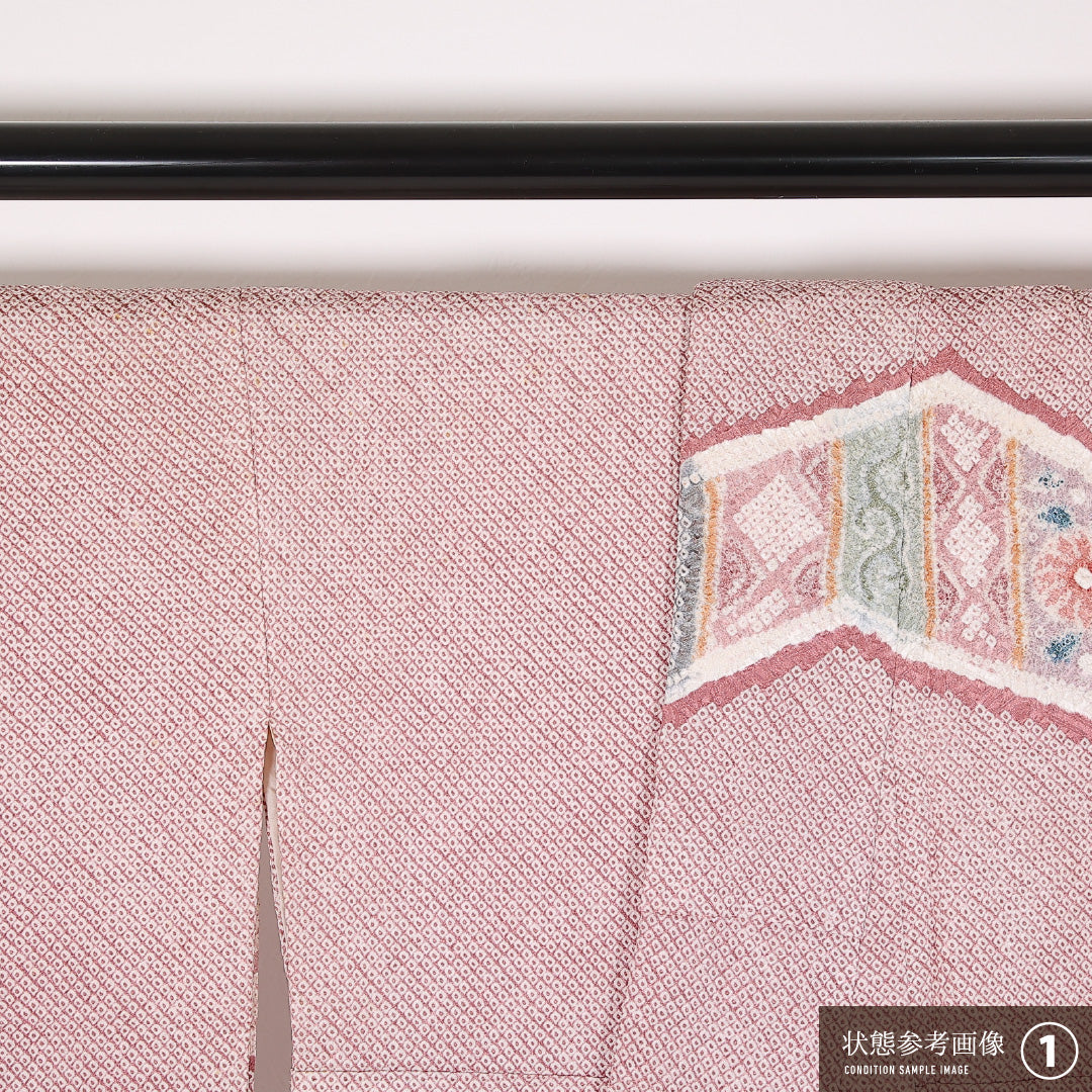 訪問着 (総絞り) 袷 身丈163cm 裄丈64cm 正絹 Aランク セミフォーマル 広衿 Lサイズ 裂取り ピンク系 RP 1217-17517
