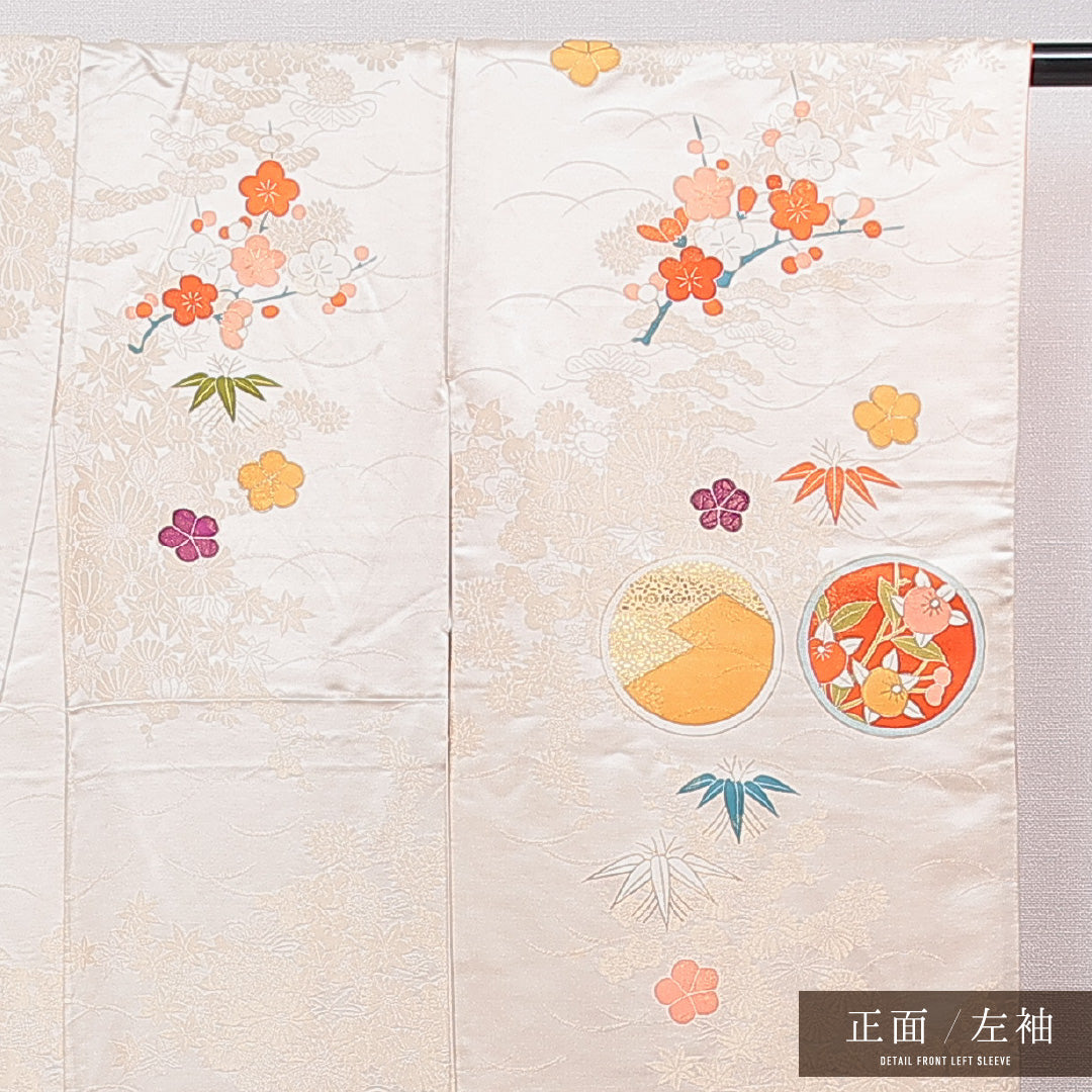 振袖 袷 身丈164cm 裄丈64cm 正絹 Cランク フォーマル 広衿 Lサイズ 青海波 菊 紅葉 クリーム系 HP 1215-07018