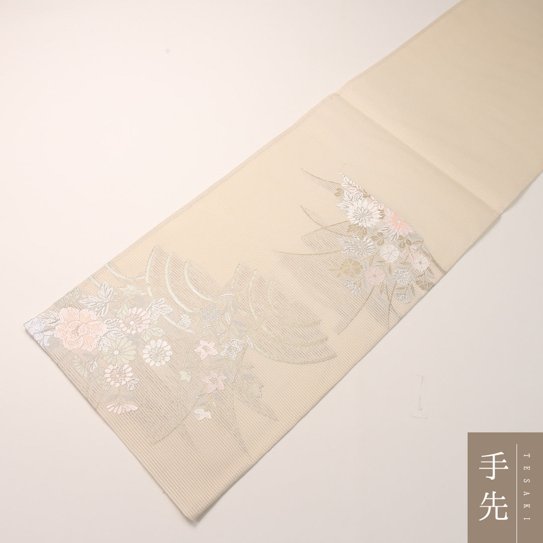 夏物 袋帯 帯丈444cm 正絹 六通 インフォーマル 菊 クリーム系 1243-02457