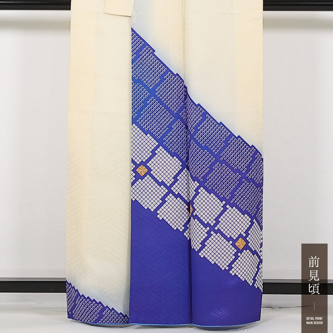 洗える着物 付下げ 袷 身丈161cm 裄丈66cm ポリエステル Aランク 踊り用 バチ衿 Mサイズ 幾何学柄 クリーム系 RP 1218-17435