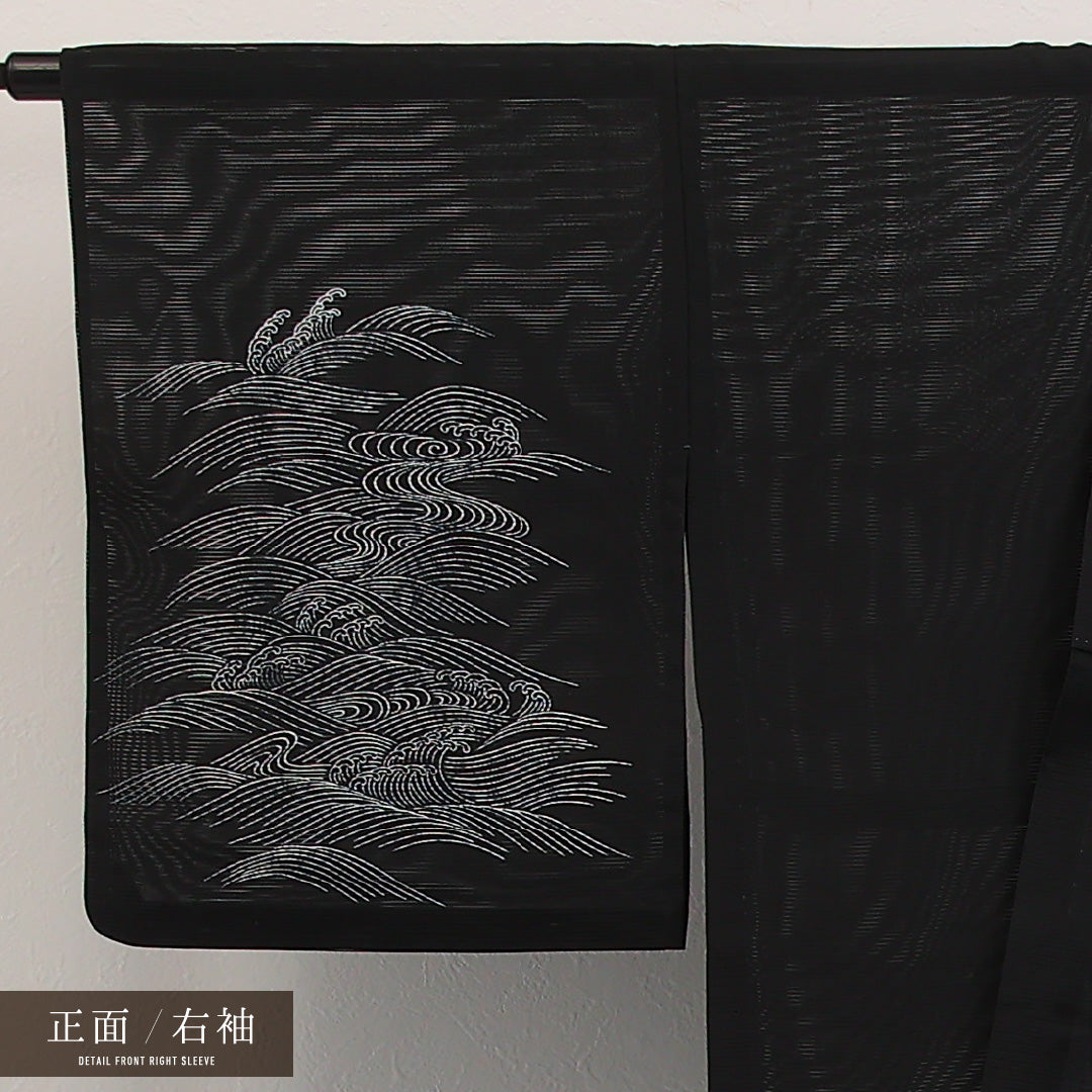 夏物 付下げ 絽 身丈159cm 裄丈64cm 正絹 Aランク インフォーマル 広衿 XLサイズ 光琳波 黒系 RP 1218-17304