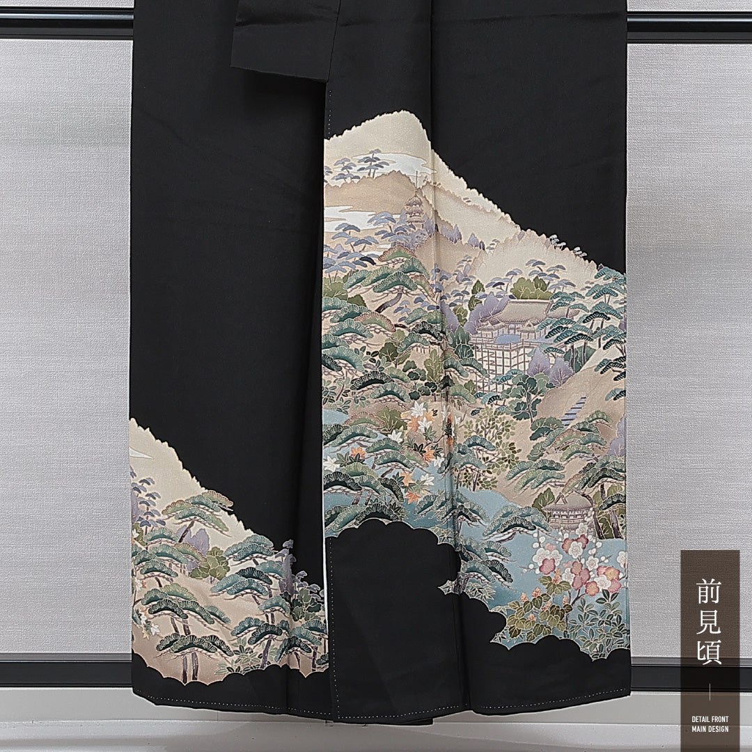 黒留袖 袷 身丈154cm 裄丈63cm 正絹 Sランク 五つ紋 (三つ割り桔梗) フォーマル 広衿 Sサイズ 比翼 落款 京洛百景 松 清水寺 黒系 M4 1213-07013