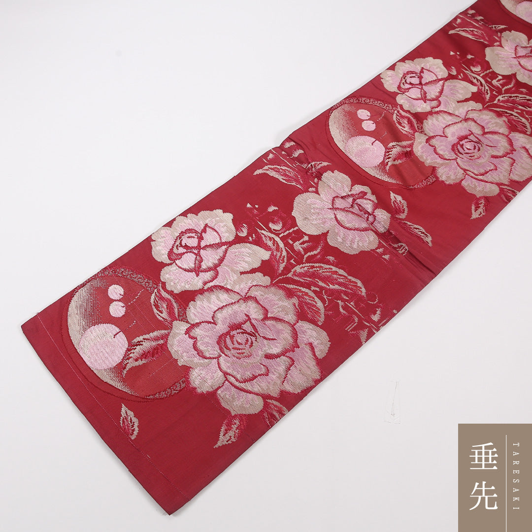 牡丹 アンティーク 袋帯 帯丈372cm 正絹 全通 赤系 1243-02580
