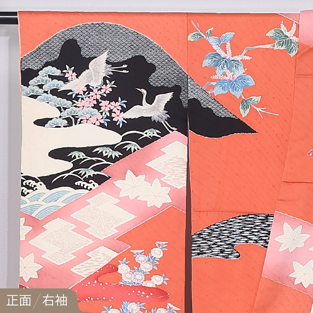 振袖 袷 身丈155cm 裄丈65cm 正絹 Aランク フォーマル 広衿 Mサイズ 御所車 鶴 牡丹 松 朱系 RP 1215-06741