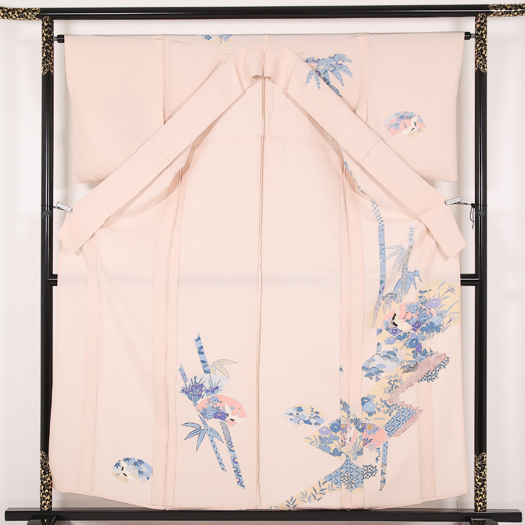 訪問着 単衣 身丈158cm 裄丈63cm 正絹 Bランク セミフォーマル 広衿 XLサイズ 刺繍 扇面文 鶴 ピンク系 RP 1217-17521