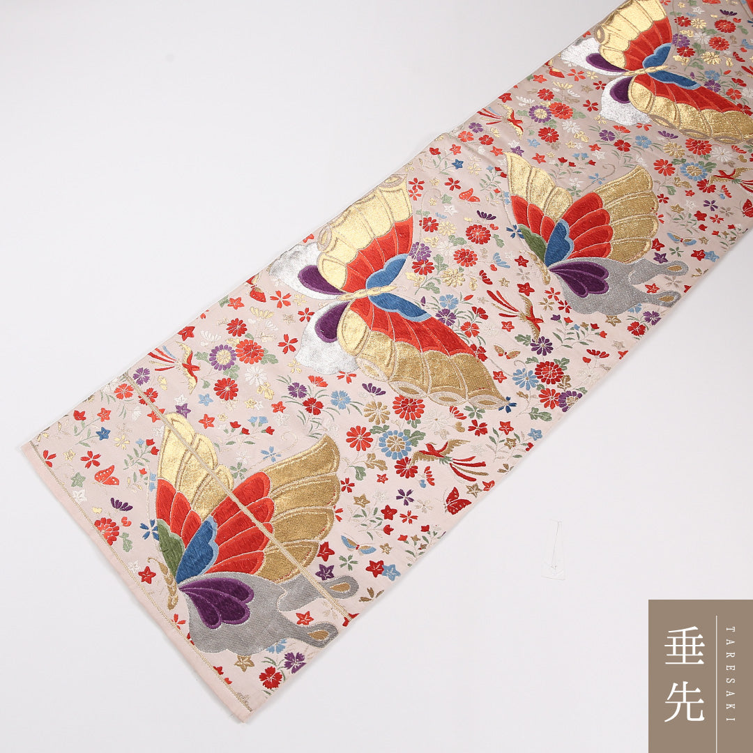 蝶 袋帯 帯丈424cm 正絹 六通 セミフォーマル 菊 クリーム系 ピンク系 1243-02612
