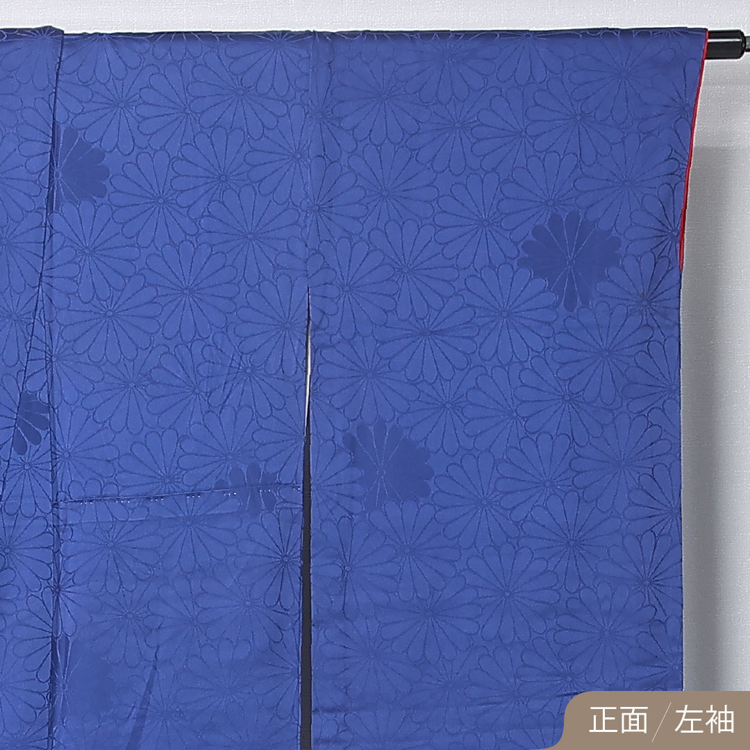 振袖 袷 身丈155cm 裄丈64cm 正絹 Aランク 三つ紋 (丸に九枚笹) 紋意匠 (菊) フォーマル 広衿 Mサイズ 菊 無地 青系 RP 1215-06742