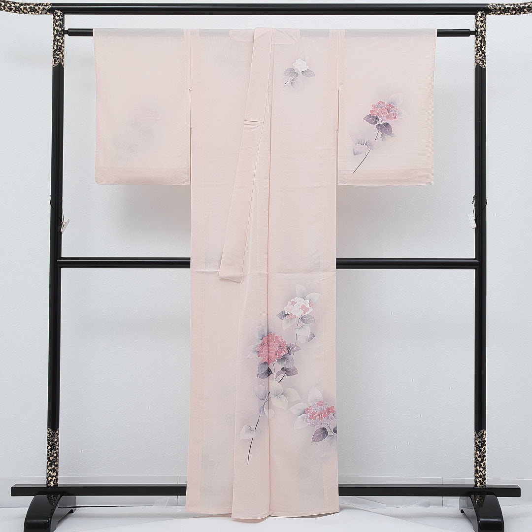 夏物 付下げ 絽 身丈157cm 裄丈62cm 正絹 Aランク インフォーマル バチ衿 XSサイズ 紫陽花 ピンク系 RP 1218-17265