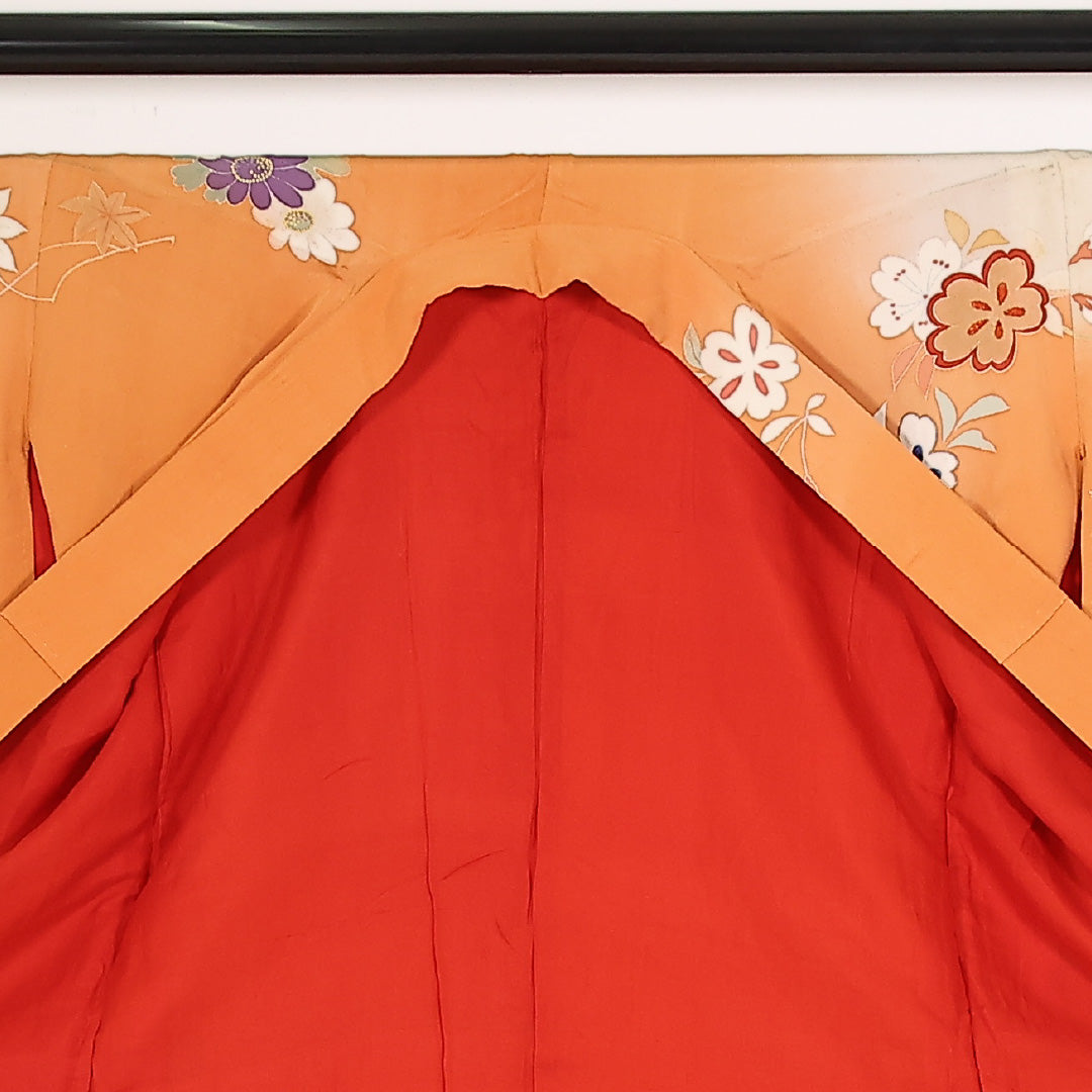 アンティーク 小振袖 袷 身丈146cm 裄丈63cm 正絹 Dランク バチ衿 XSサイズ 刺繍 相良刺繍 金駒刺繍 花鼓 梅 朱系 M4 1216-17553