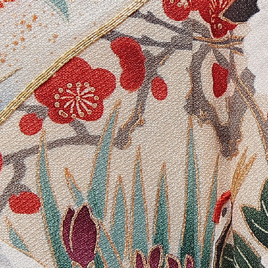 振袖 袷 身丈158cm 裄丈63cm 正絹 Aランク フォーマル 広衿 Mサイズ 金駒刺繍 扇面文 鶴 牡丹 青系 RP 1215-06995