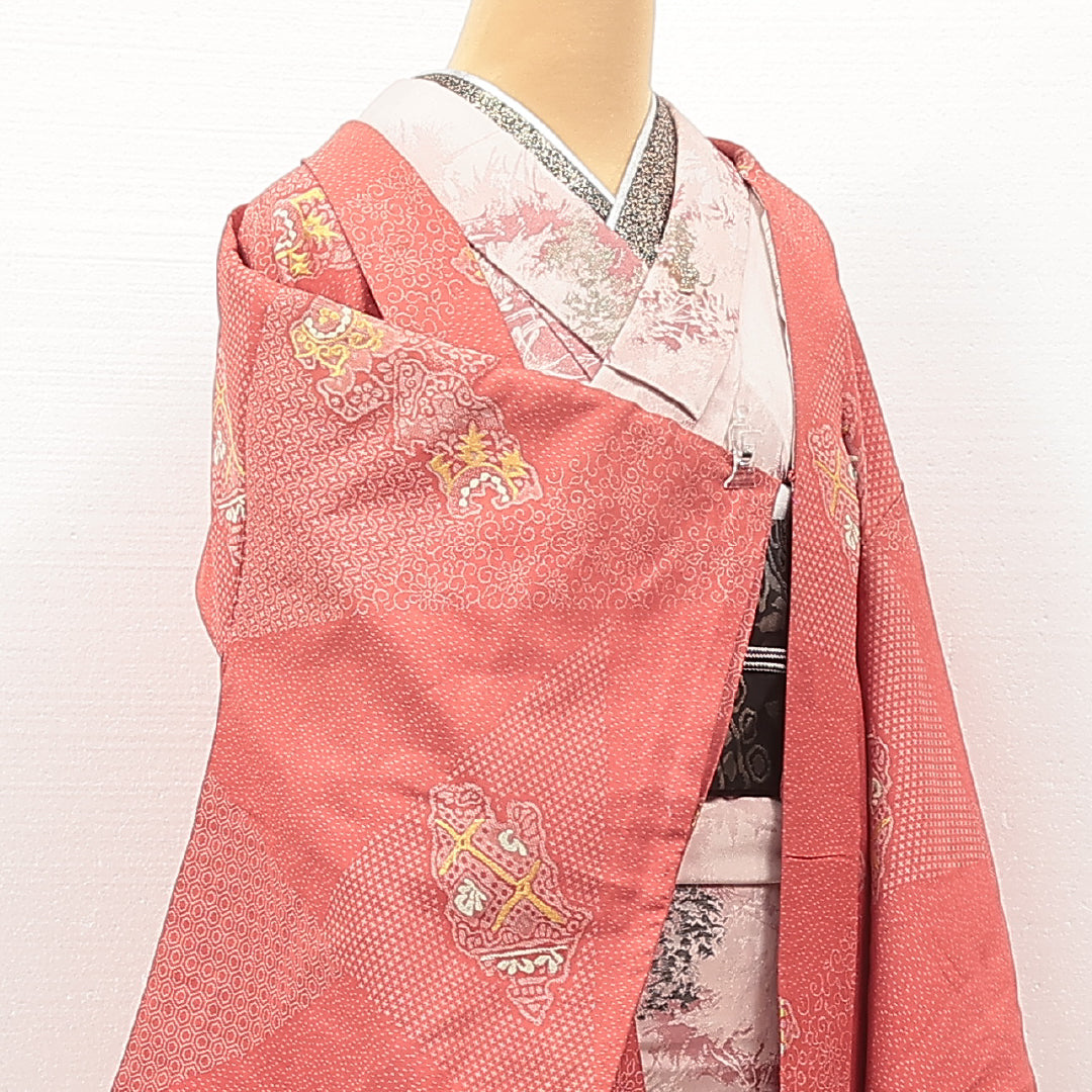 アンティーク 羽織 袷 身丈92cm 裄丈63cm 正絹 Bランク Sサイズ 花扇 ピンク系 LP 1232-17211