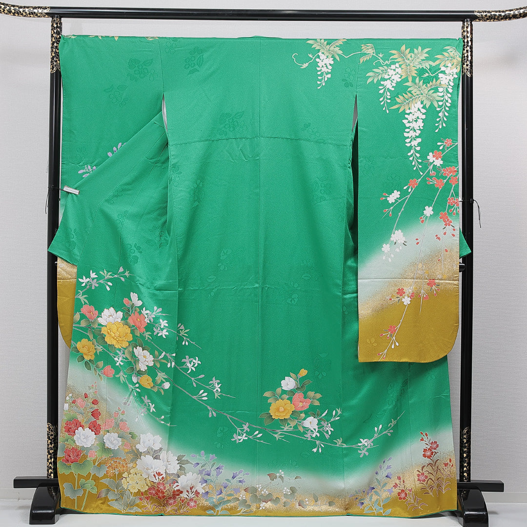 振袖 袷 身丈168cm 裄丈68cm 正絹 Sランク フォーマル 広衿 XLサイズ 金駒刺繍 椿 緑系 RP 1215-07014