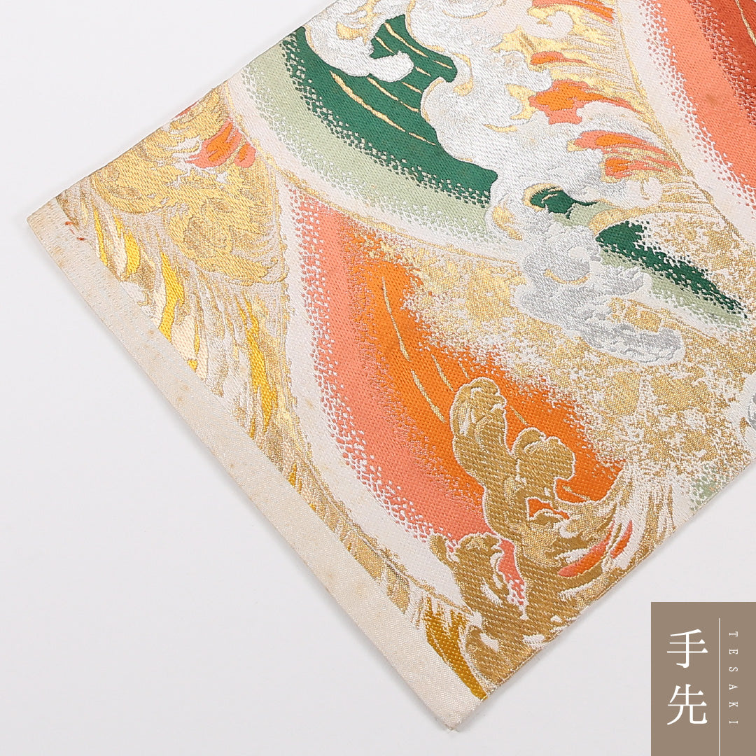 アンティーク 丸帯 帯丈402cm 正絹 全通 波頭 クリーム系 1242-02561