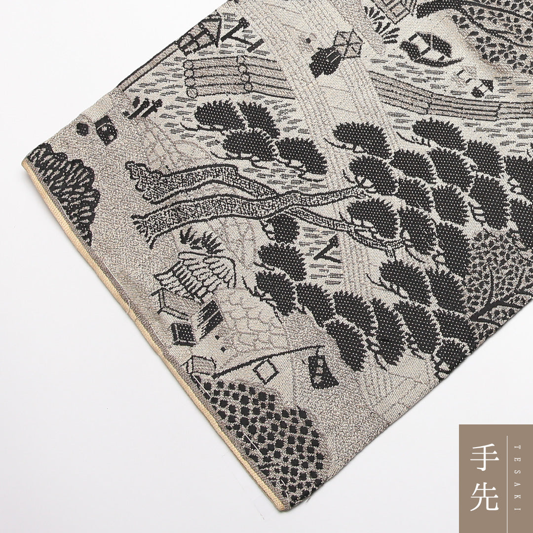 アンティーク 丸帯 帯丈380cm 正絹 全通 茶屋辻 グレー系 クリーム系 1242-02425